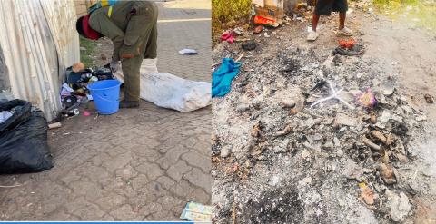 A school age boy sorts through discarded electronics and metal waste at an informal scrap yard in Dagoreti, while nearby burnt debris shows where wires and other hazardous materials are routinely burned to extract copper, exposing children and surrounding communities to toxic fumes.