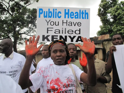 Residents of Owino Uhuru settlement in Mombasa, Kenya, during a   past protest against Metal Refinery (EPZ) Ltd a lead smelting plant. The plant was closed down in 2014. Photo/Norbert Allan